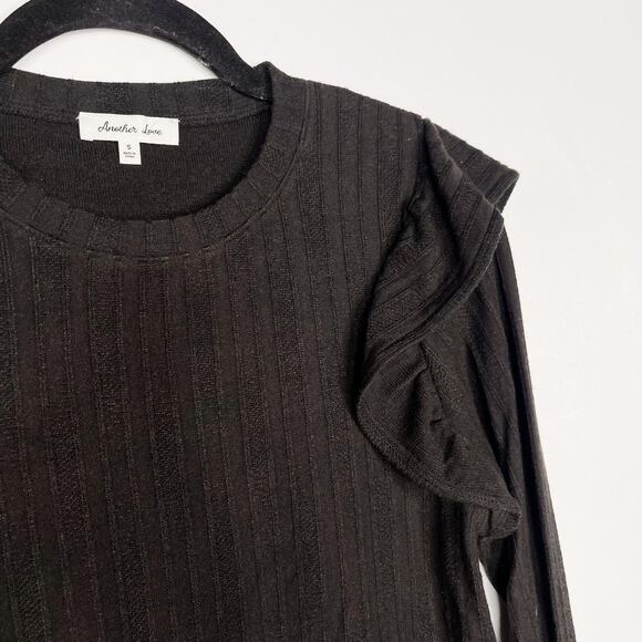 Another Love Small S Black Elvina Ruffle Long Sleeve Top Crew Neck Ribbed Fitted - Picture 3 of 10
